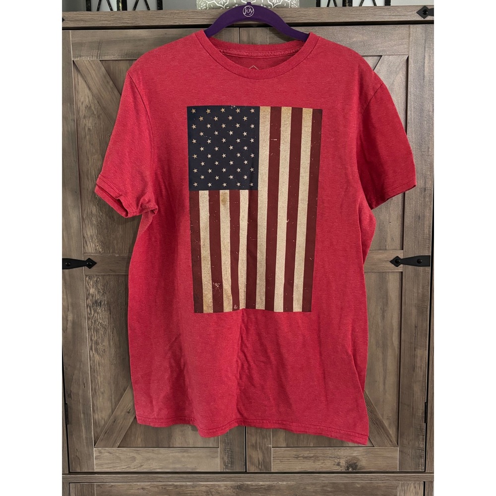 Well Worn Mens American Flag Graphic T-Shirt Red Heathered Distressed Size M